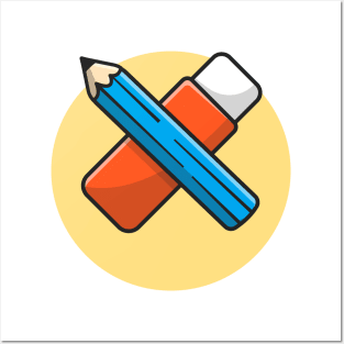 Pencil And Eraser Cartoon Vector Icon Illustration Posters and Art